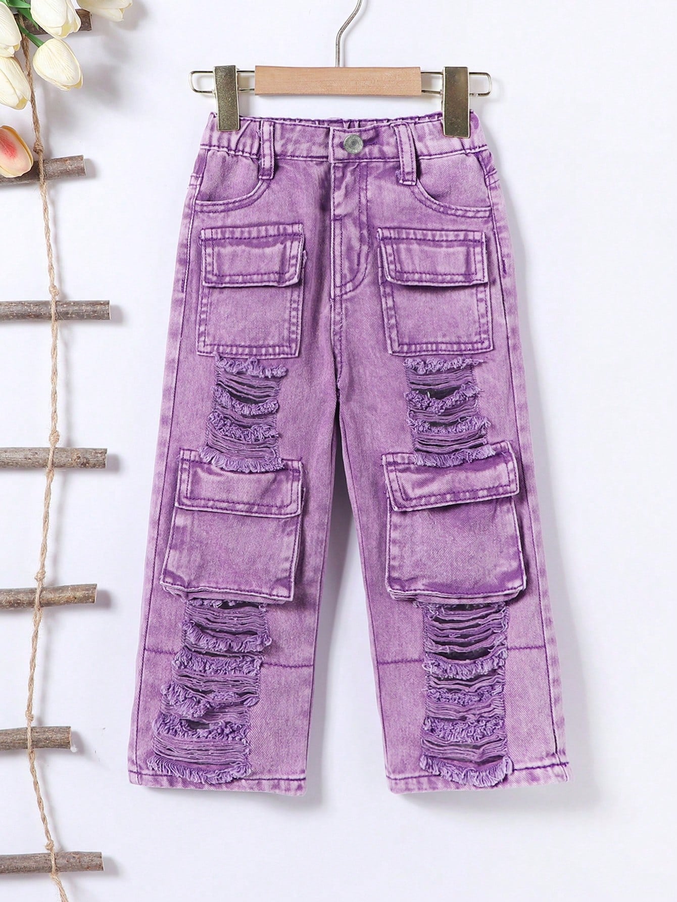 Streecool Kids Young Girls Vintage Streetwear Ripped Distressed Multi-Pockets Washed Light Blue Straight Leg Denim Cargo Pants