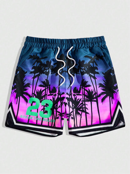 ROMWE Street Life Men'S Palm Tree & Letter Print Drawstring Waist Basketball Shorts