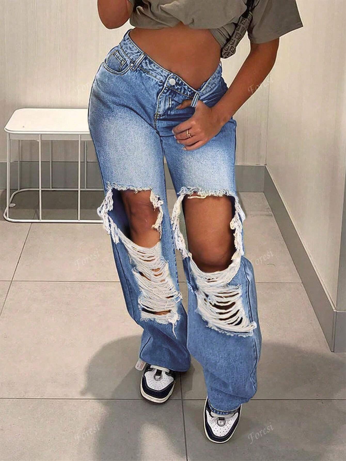 Cut Out Ripped Fringe Trim Straight Leg Jeans