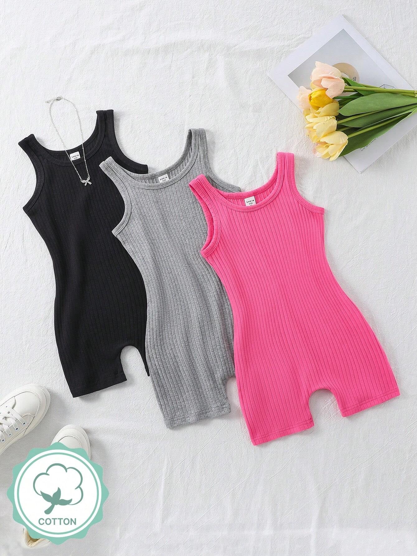 3 Pcs Young Girl Casual Basic Street Style Tight Jumpsuit Set Bodysuits for Young Girl