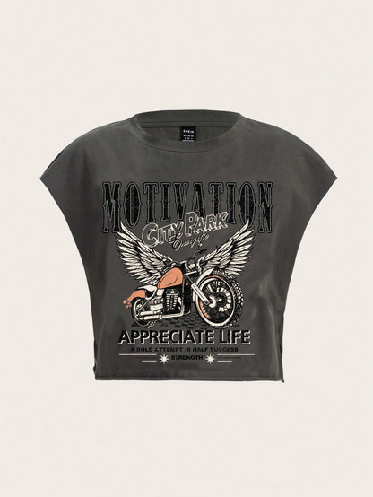 Ezwear Bikercore Lettering and Motorcycle Wings Printed T-Shirt