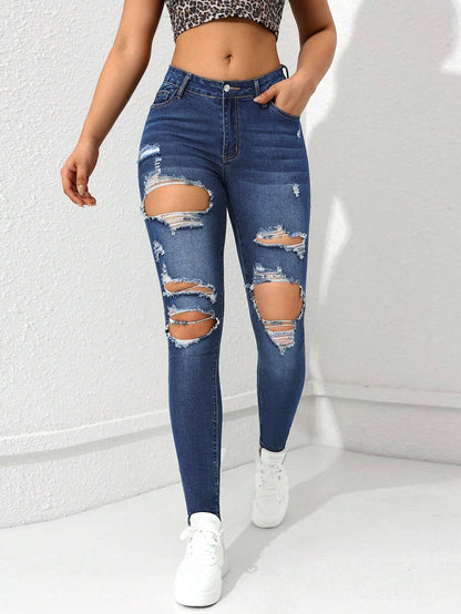 Ezwear Women'S Pocket Distressed Skinny Casual Denim Jeans