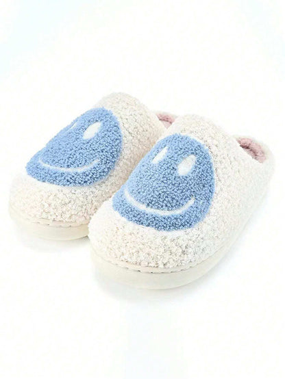 Women'S Cute Cartoon Smiling Face Fabric Slippers, Thick Sole Anti-Slip Warm Indoor Couple Slippers, Christmas Gifts