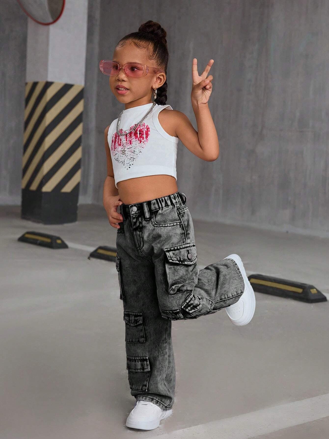 SLAYR KIDS Young Girl Pink Denim Loose Wide-Leg Pants Pink Cargo Pantskids Cargo Pants Girly2K Pants for Young Girl