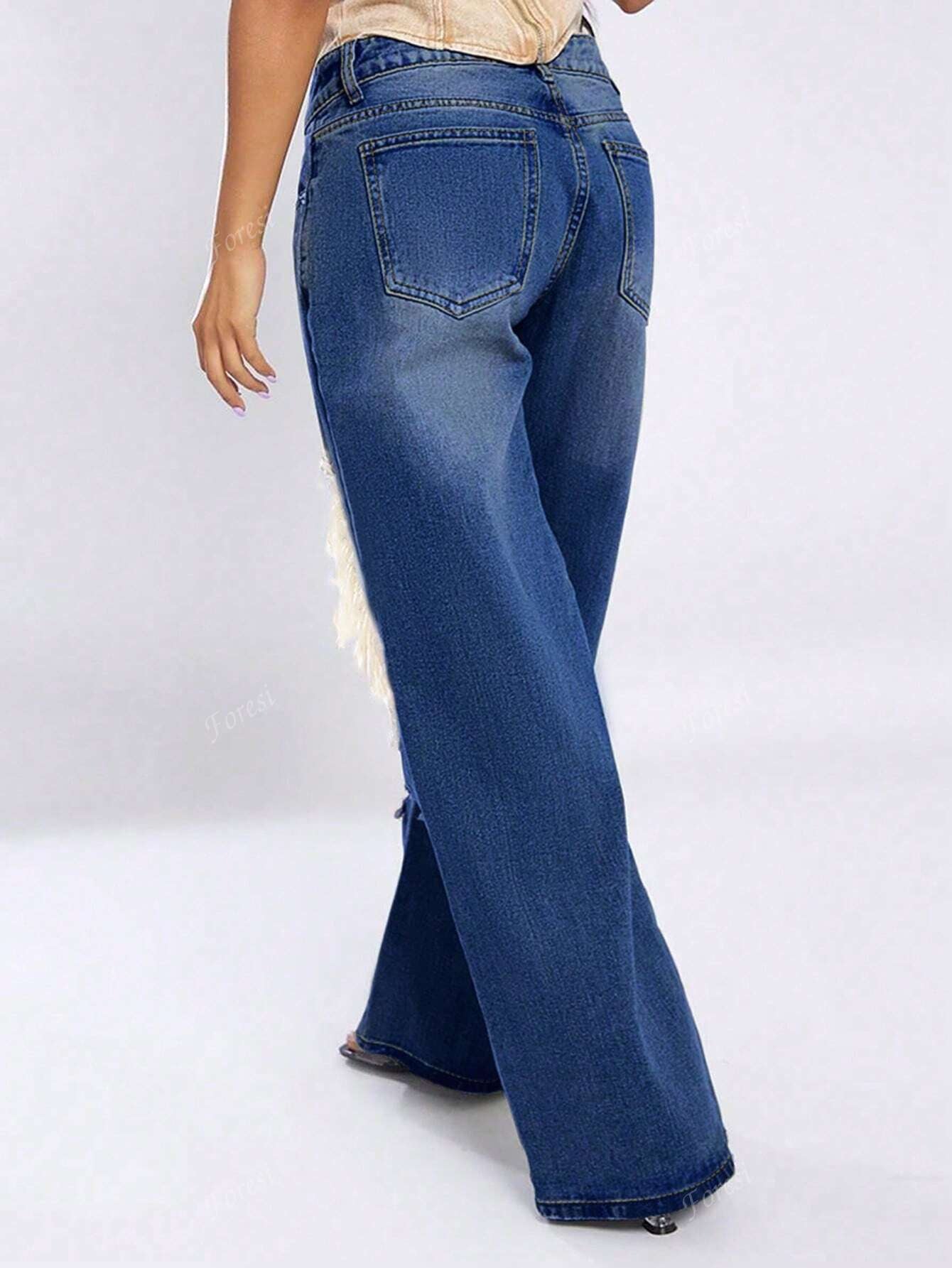 Cut Out Ripped Fringe Trim Straight Leg Jeans