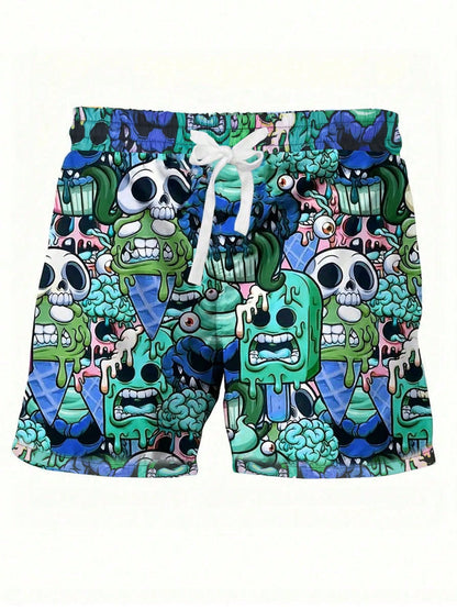 Men Skull Print Drawstring Waist Swim Trunks