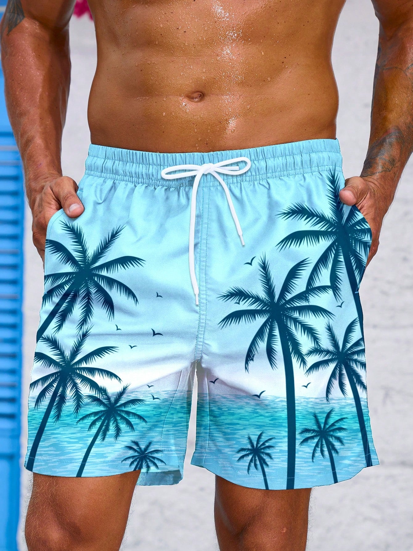 Manfinity Men'S Coconut Tree & Ocean Scenery Graphic Printed Beach Shorts Pool Shorts, for Beach, Vacation