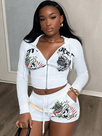 Slaydiva New Spring and Summer Casual Street Hooded Long-Sleeved Zipper Sweatshirt Cardigan + Slim Shorts Slogan Skull Print White Women'S Two-Piece Set-B