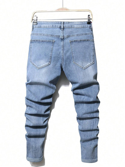 Manfinity LEGND Men'S Slim-Fit Denim Pants with Pockets and Distressed Design for Daily and Travel