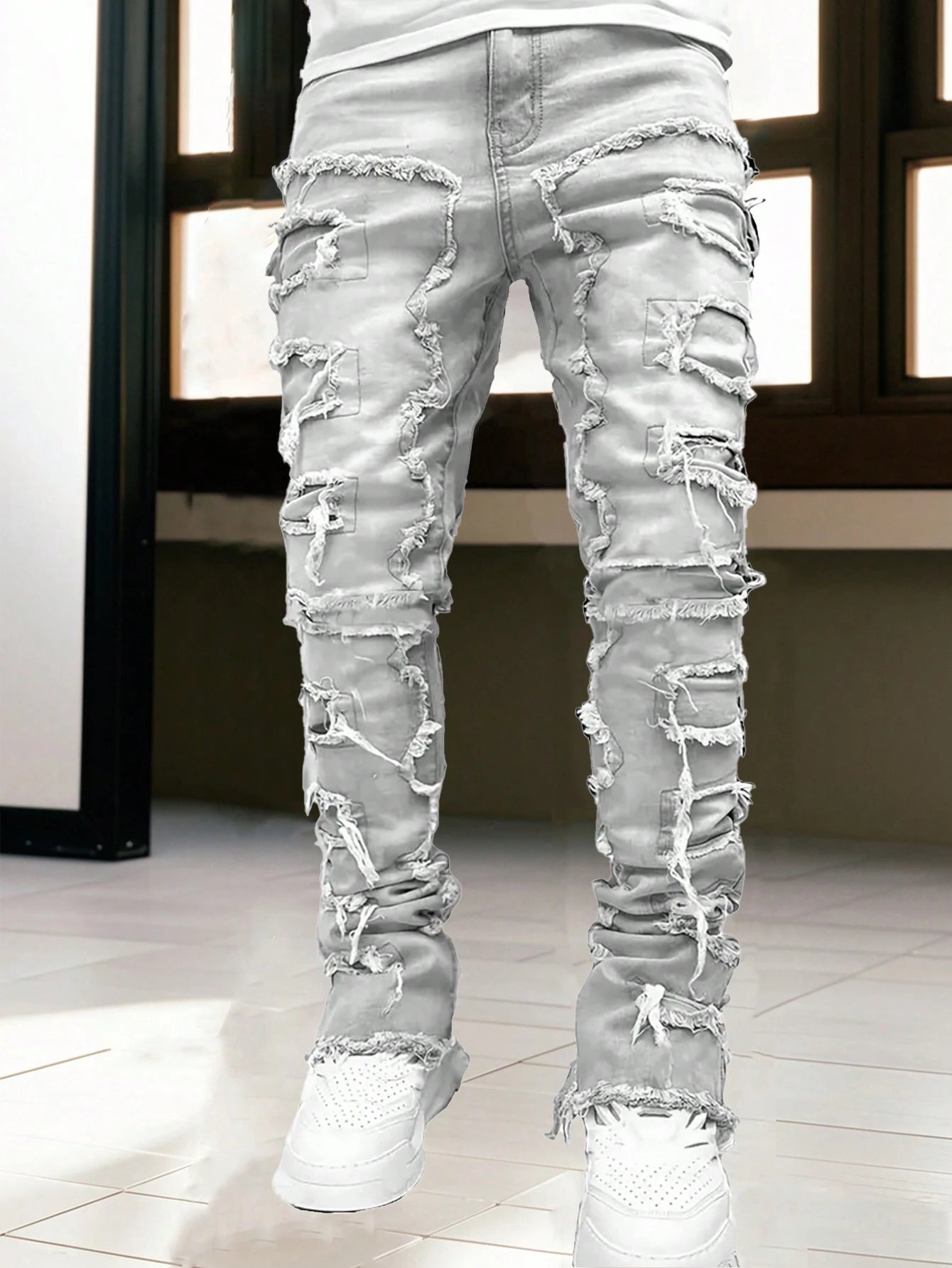 Men'S Fashion Streetwear Creative Layered Fringe Detail Jeans