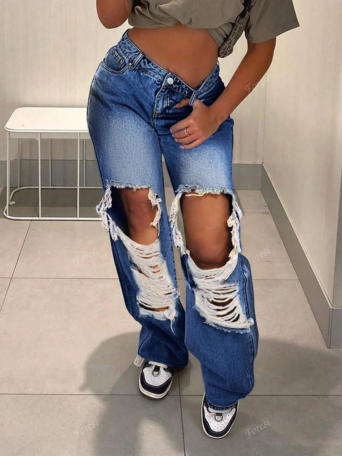 Cut Out Ripped Fringe Trim Straight Leg Jeans