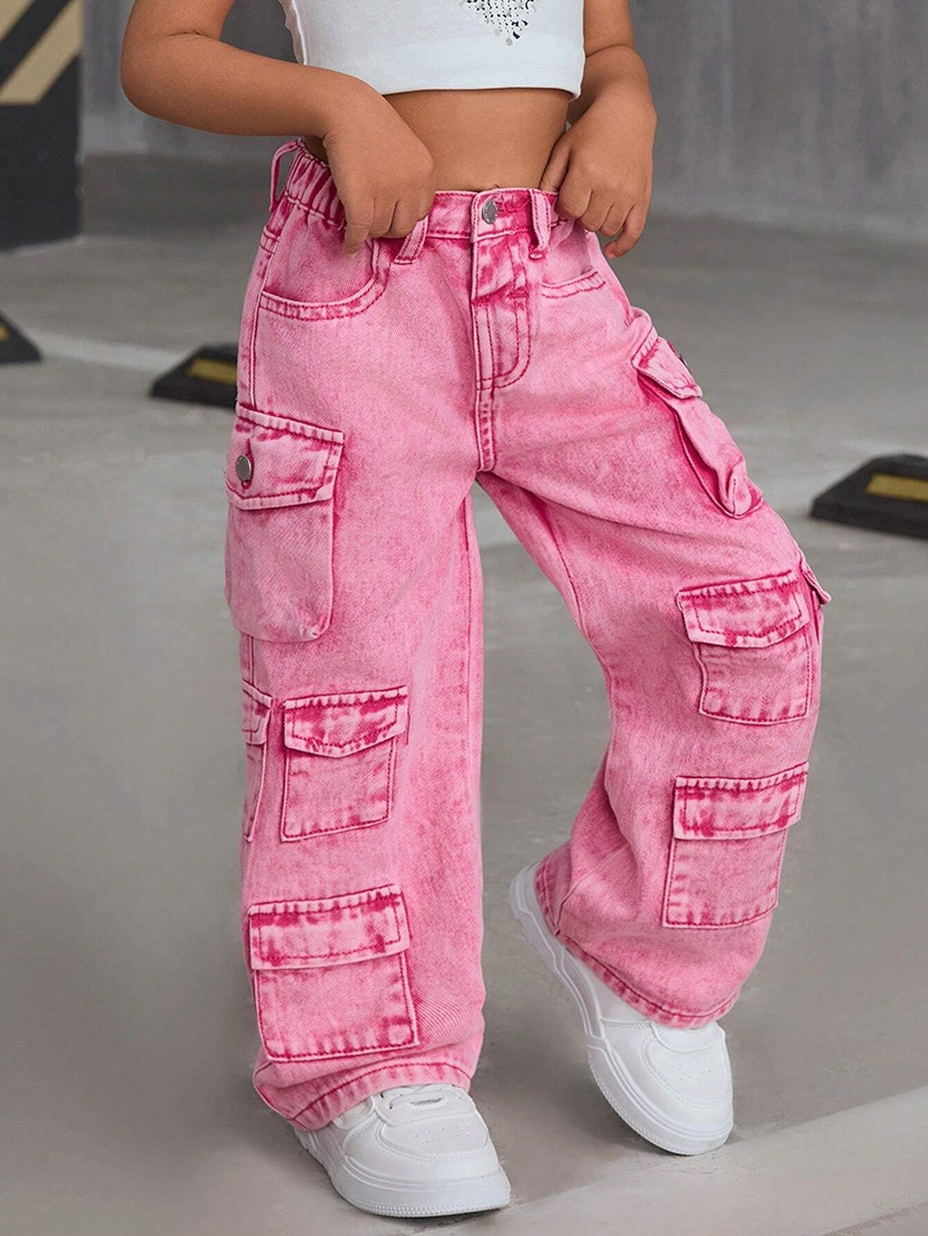 SLAYR KIDS Young Girl Pink Denim Loose Wide-Leg Pants Pink Cargo Pantskids Cargo Pants Girly2K Pants for Young Girl