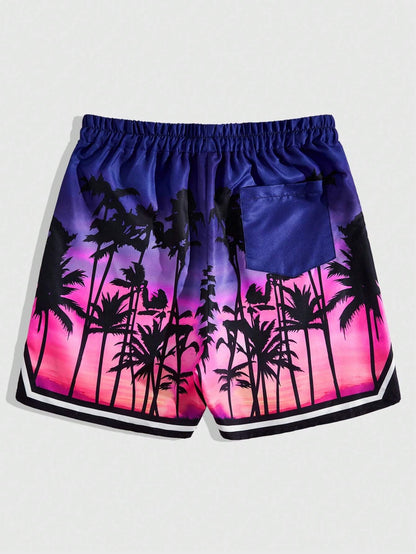 ROMWE Street Life Men'S Palm Tree & Letter Print Drawstring Waist Basketball Shorts