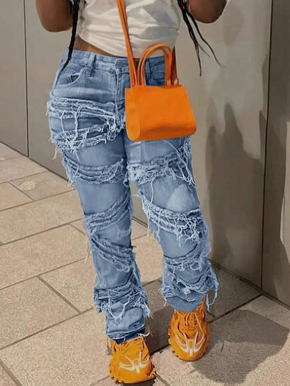 Y2K 90S Street Slant Pocket High Stretchy Distressed Raw Frayed Unique Tassel Design Patchwork Hip Hop Jeans