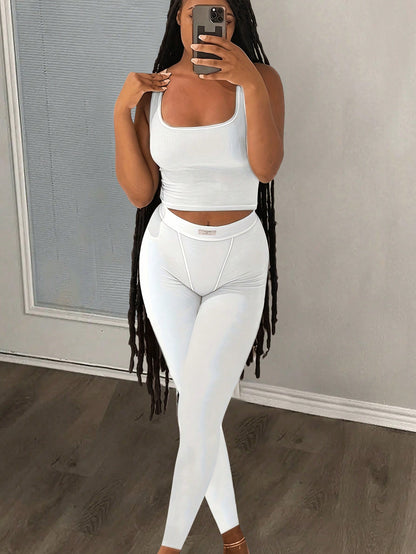 Slaydiva Simple Summer Sports Set for Women, Including Basic Tight-Fit Knitted Rib Top with Square Neck and High Elastic Waistband Skinny Pants, 2Pcs/Set, Style E