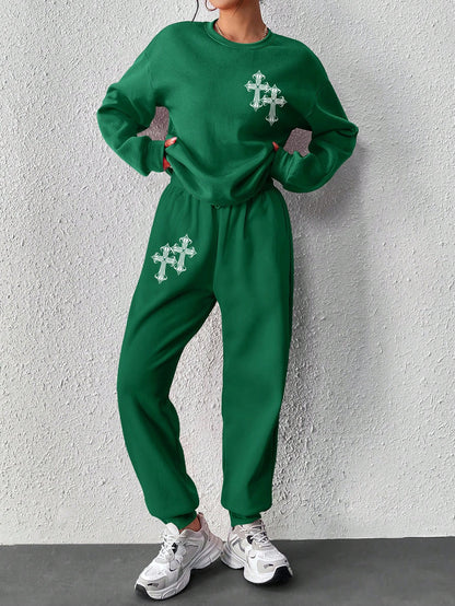 Women'S Cross Printed Long Sleeve Sweatshirt and Sweatpants Tracksuit Set