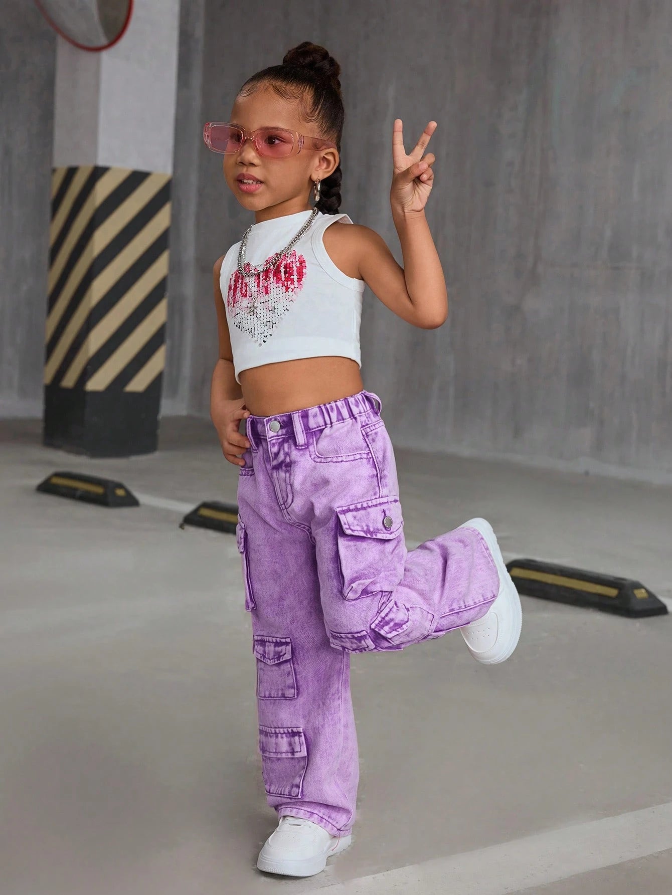 SLAYR KIDS Young Girl Pink Denim Loose Wide-Leg Pants Pink Cargo Pantskids Cargo Pants Girly2K Pants for Young Girl