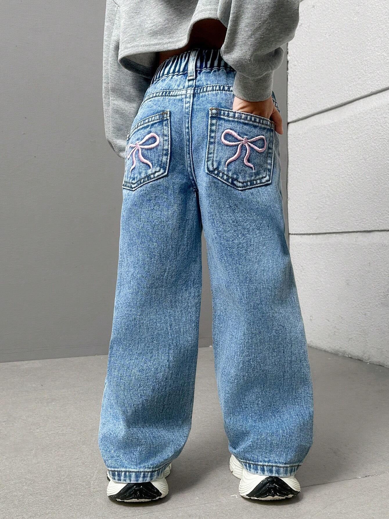 Streecool Kids Young Girls Fashionable Casual Washed Denim Straight-Leg Pants with Embroidered Back Pockets Wide Leg Jeans Kidsbaggy Jeans Young Girl Girls