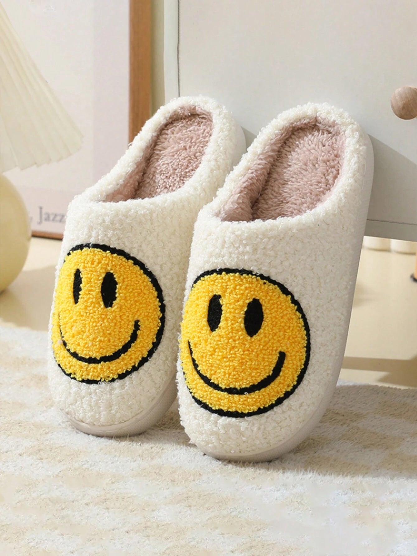 Women'S Cute Cartoon Smiling Face Fabric Slippers, Thick Sole Anti-Slip Warm Indoor Couple Slippers, Christmas Gifts