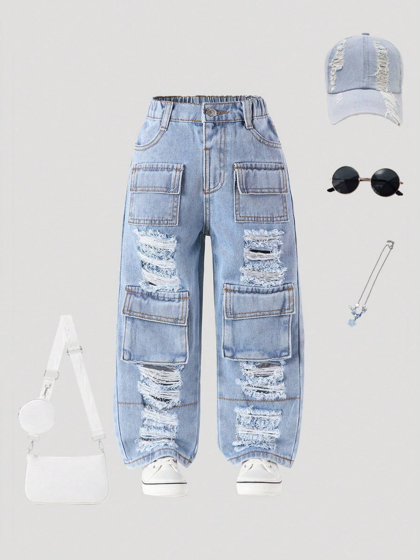 Streecool Kids Young Girls Vintage Streetwear Ripped Distressed Multi-Pockets Washed Light Blue Straight Leg Denim Cargo Pants