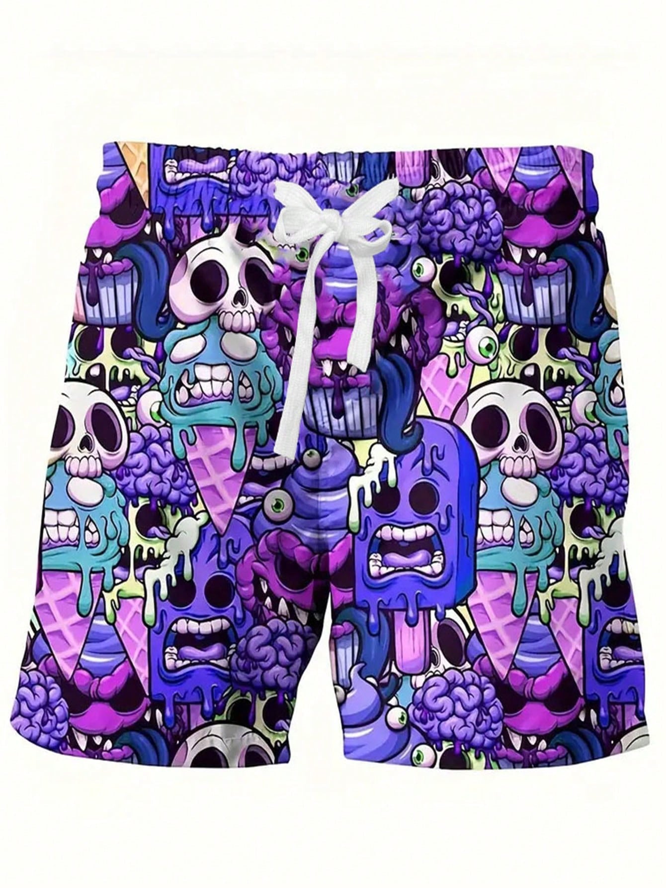 Men Skull Print Drawstring Waist Swim Trunks