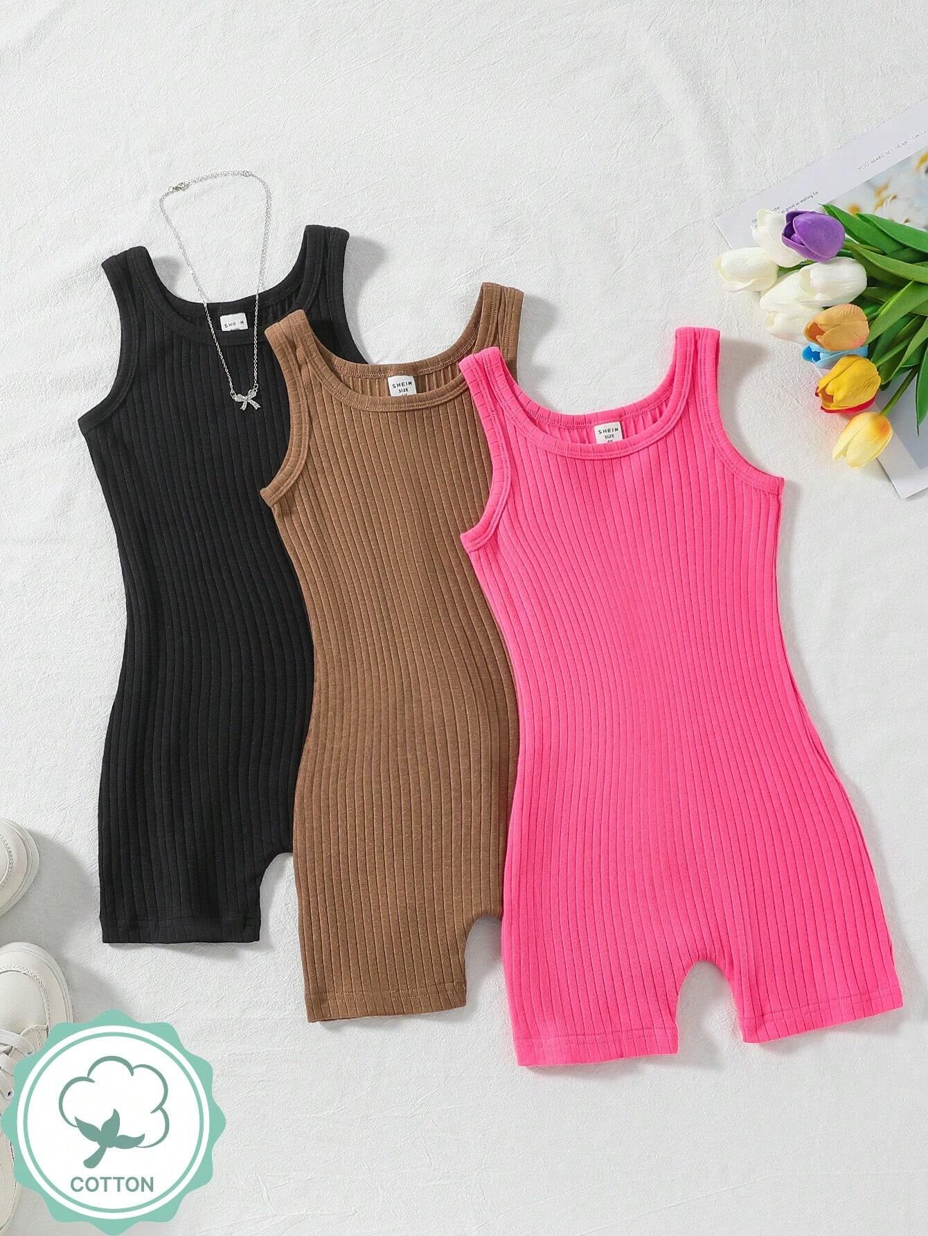 3 Pcs Young Girl Casual Basic Street Style Tight Jumpsuit Set Bodysuits for Young Girl