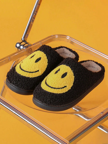 Women'S Cute Cartoon Smiling Face Fabric Slippers, Thick Sole Anti-Slip Warm Indoor Couple Slippers, Christmas Gifts