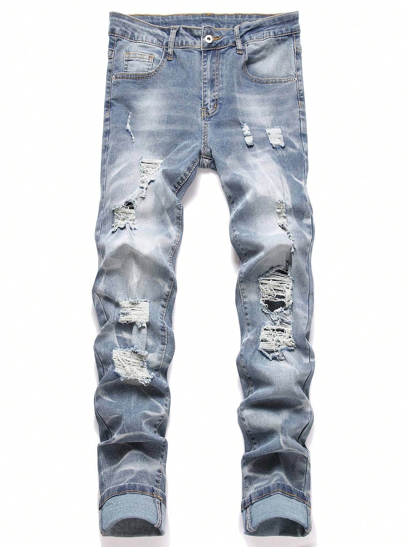 Manfinity LEGND Men'S Slim-Fit Denim Pants with Pockets and Distressed Design for Daily and Travel