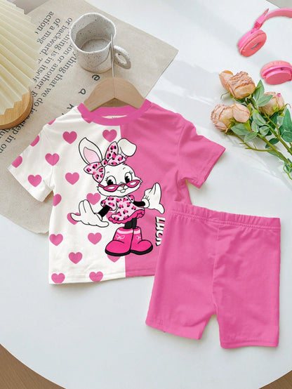 Young Girl round Neck Short Sleeve Heart Letter Print Top and Casual Street Style Shorts Set, Suitable for Summer