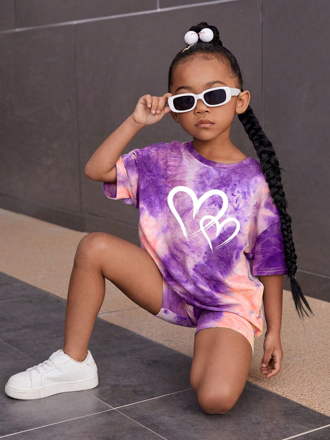 Tie-Dye Heart Design, Young Girls' Casual Simple Short Sleeve T-Shirt and Shorts Set, Suitable for Summer Young Girl Two Piece Setkids Two Piece Setskids Streetwear