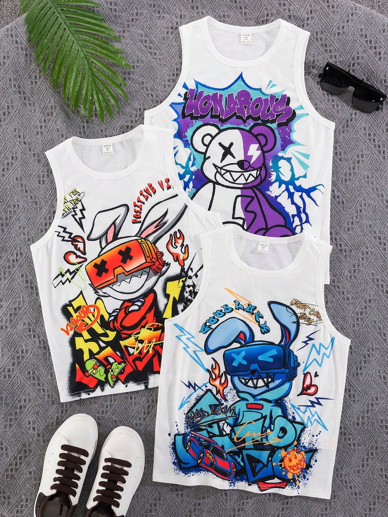 3Pcs/Set Tween Boys' Casual Graffiti Print Loose Fit Versatile Tank Tops, Suitable for Commuting, School, Daily Life, Sports, Spring/Summer