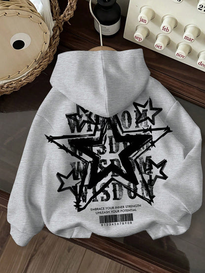 Slaydiva Casual Star Barcode Letter Print Loose Fit Hooded Long Sleeve Sweatshirt for Women, Autumn/Winter