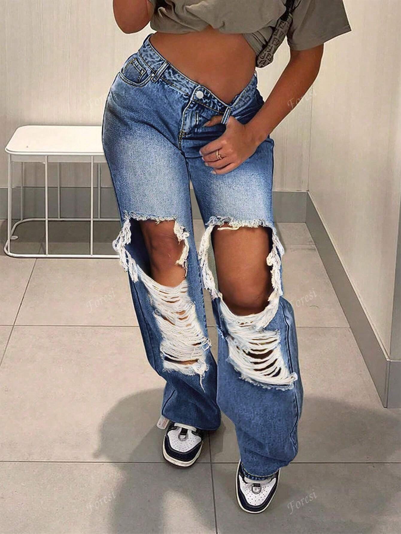 Cut Out Ripped Fringe Trim Straight Leg Jeans