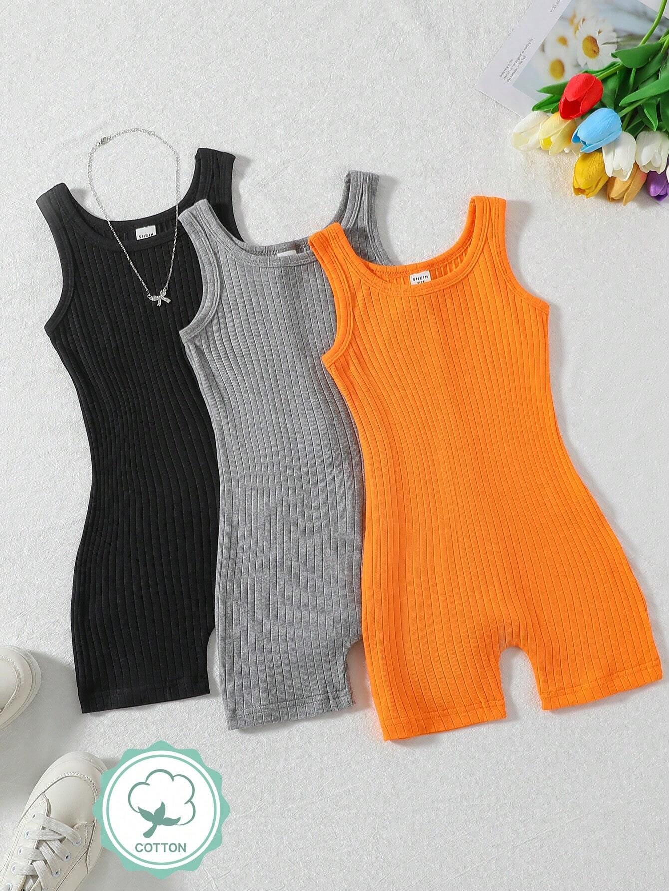 3 Pcs Young Girl Casual Basic Street Style Tight Jumpsuit Set Bodysuits for Young Girl