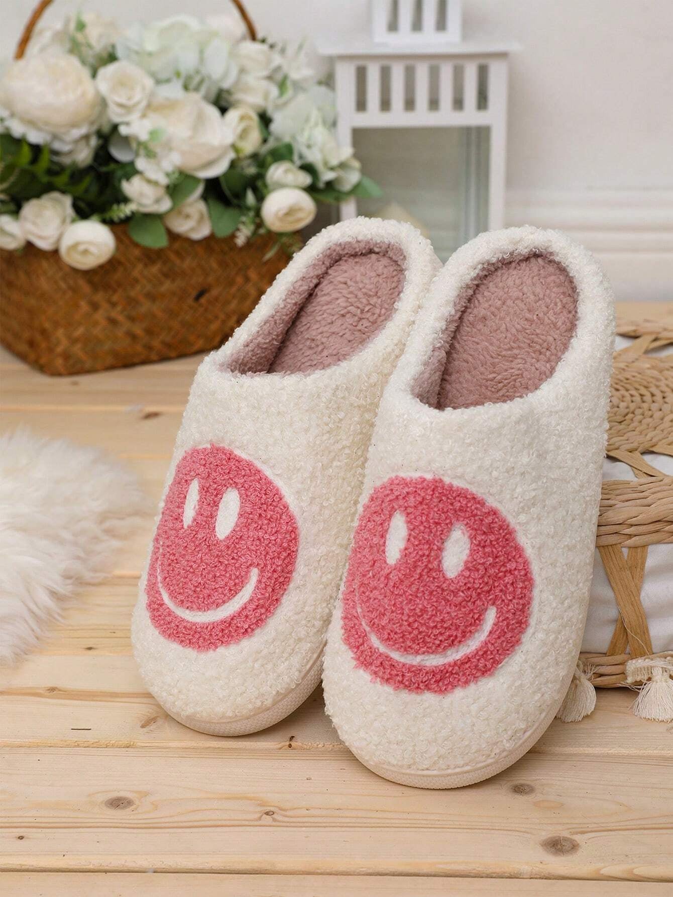 Women'S Cute Cartoon Smiling Face Fabric Slippers, Thick Sole Anti-Slip Warm Indoor Couple Slippers, Christmas Gifts