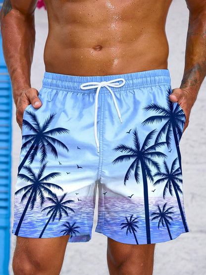 Manfinity Men'S Coconut Tree & Ocean Scenery Graphic Printed Beach Shorts Pool Shorts, for Beach, Vacation