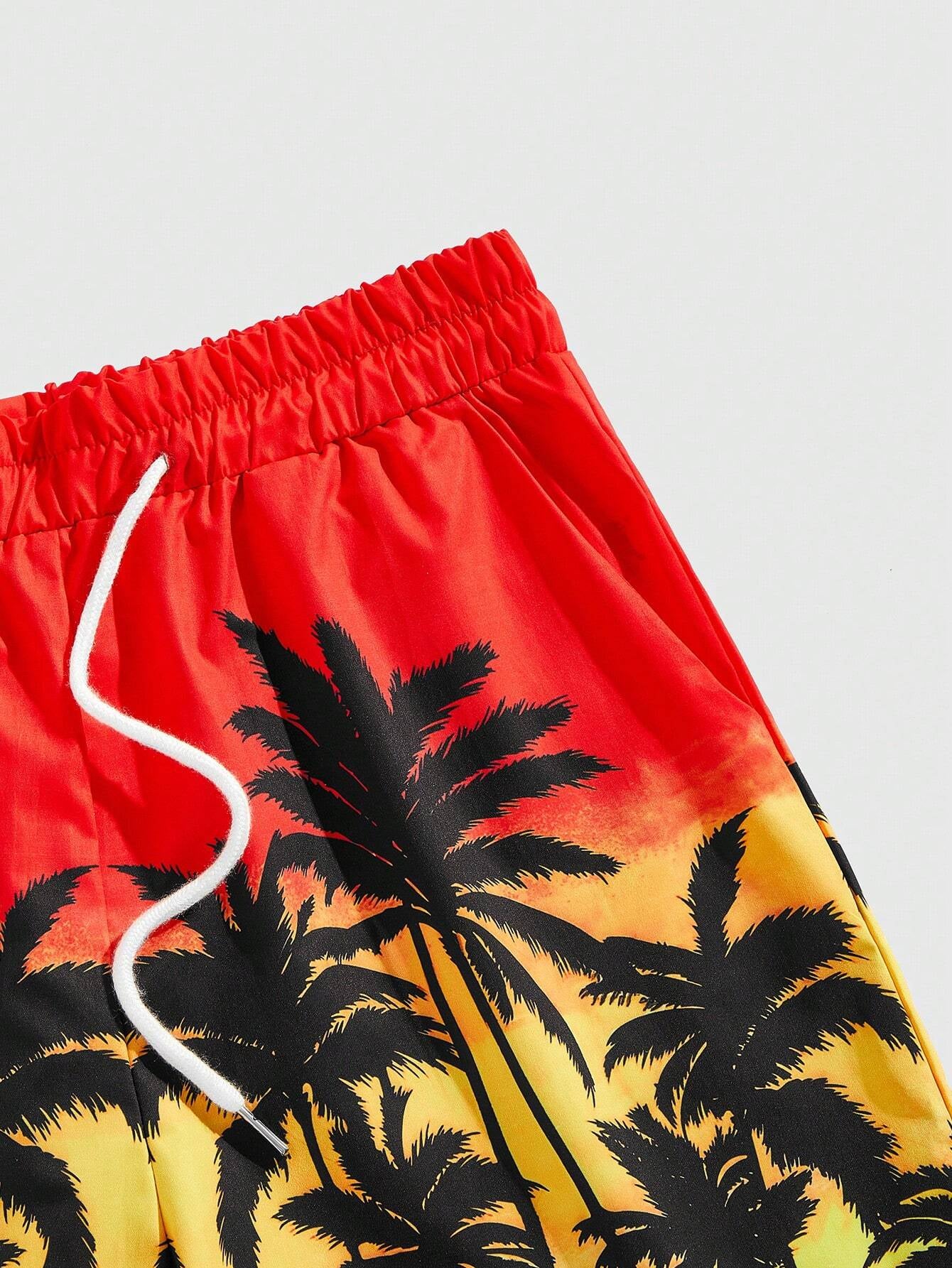 ROMWE Street Life Men'S Palm Tree & Letter Print Drawstring Waist Basketball Shorts