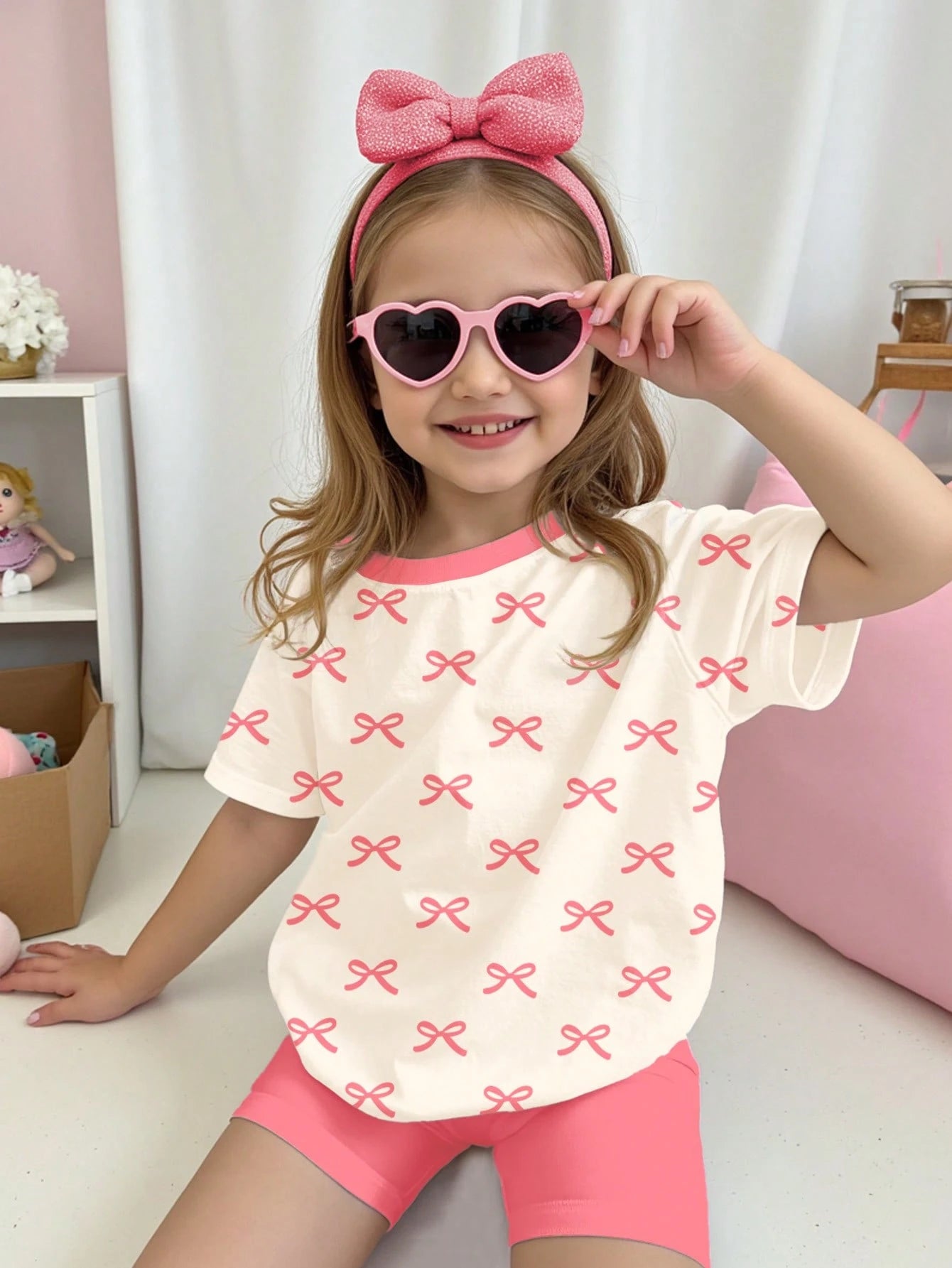 Tie-Dye Heart Design, Young Girls' Casual Simple Short Sleeve T-Shirt and Shorts Set, Suitable for Summer Young Girl Two Piece Setkids Two Piece Setskids Streetwear