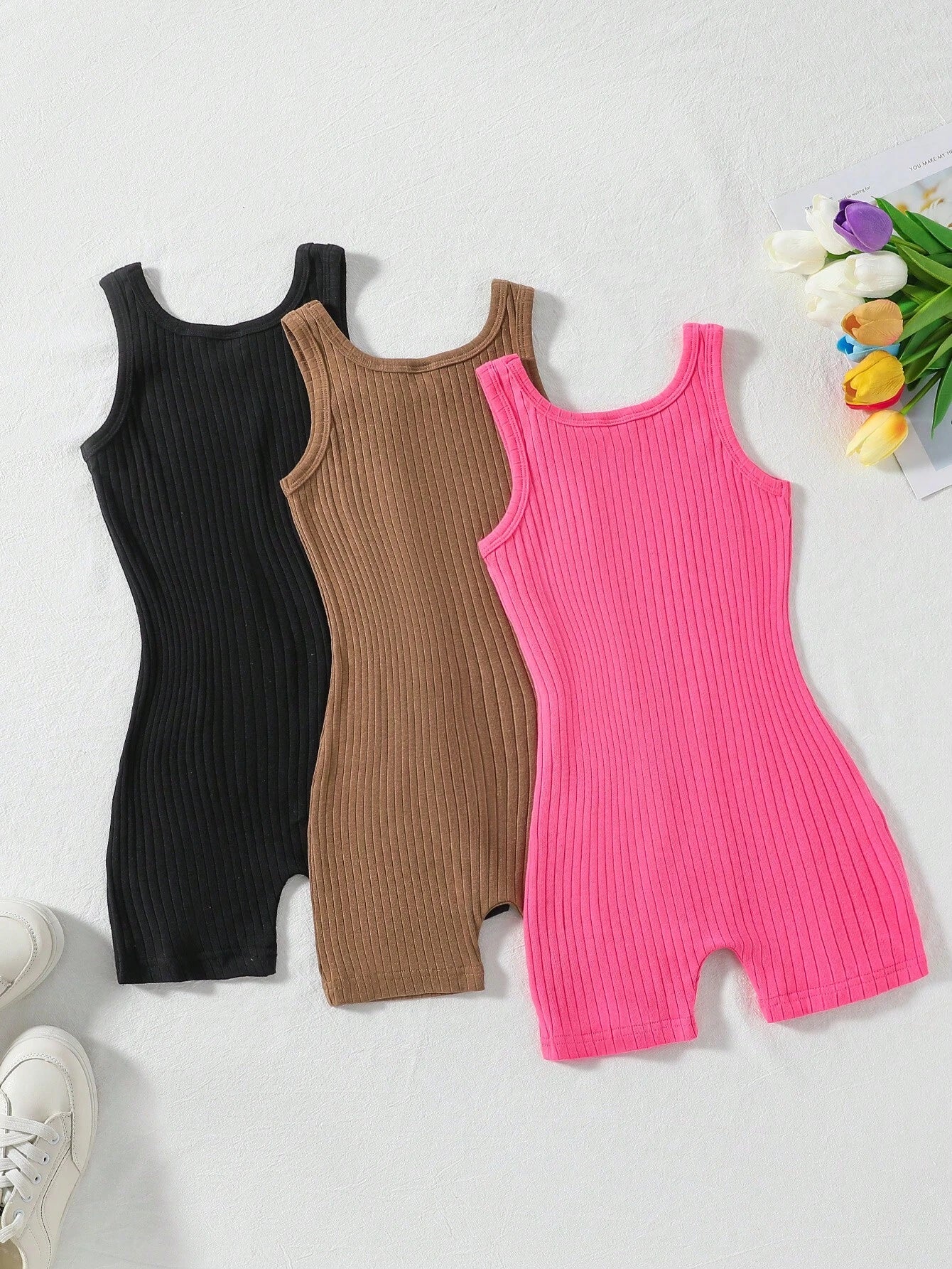 3 Pcs Young Girl Casual Basic Street Style Tight Jumpsuit Set Bodysuits for Young Girl