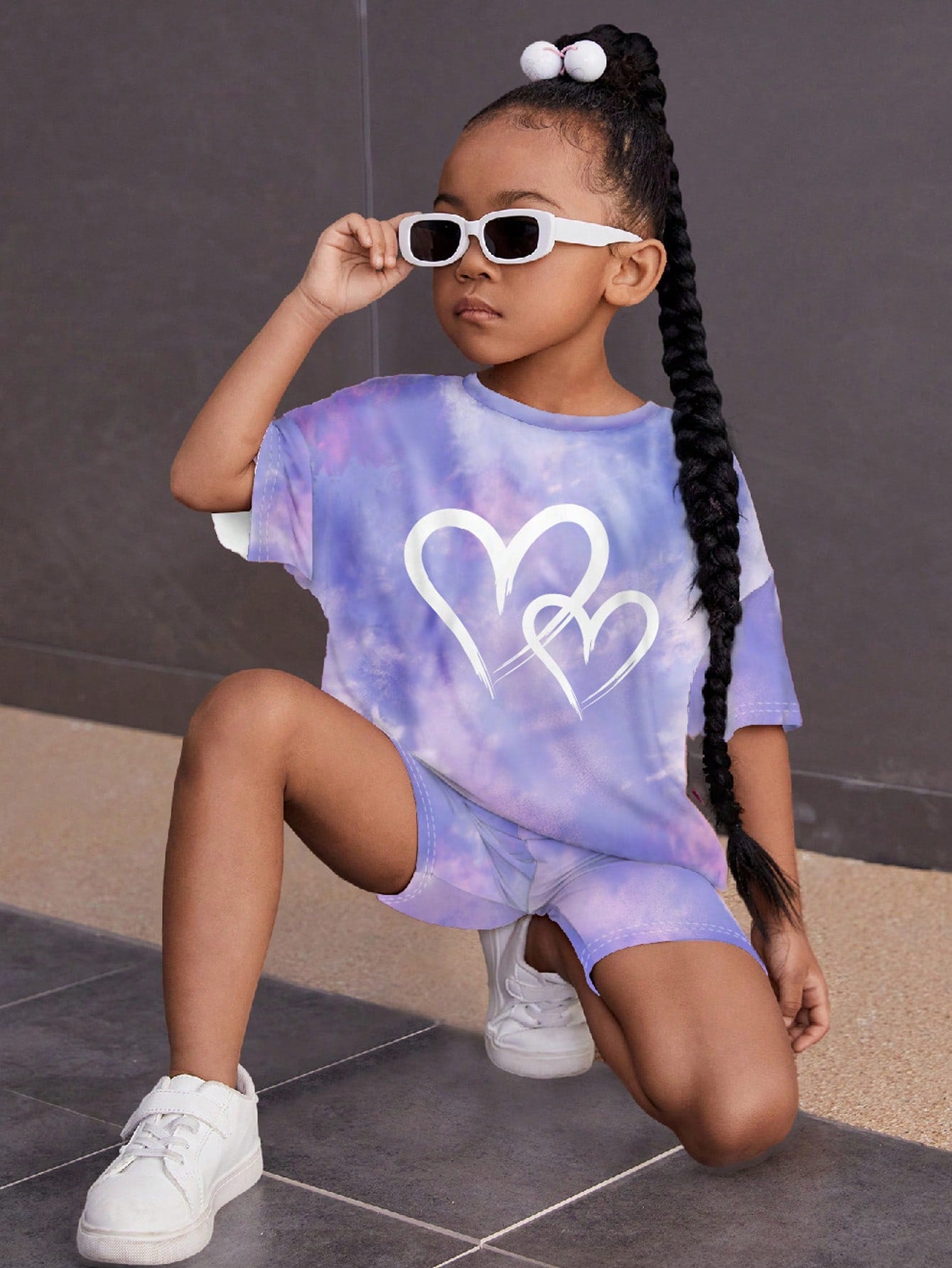 Tie-Dye Heart Design, Young Girls' Casual Simple Short Sleeve T-Shirt and Shorts Set, Suitable for Summer Young Girl Two Piece Setkids Two Piece Setskids Streetwear