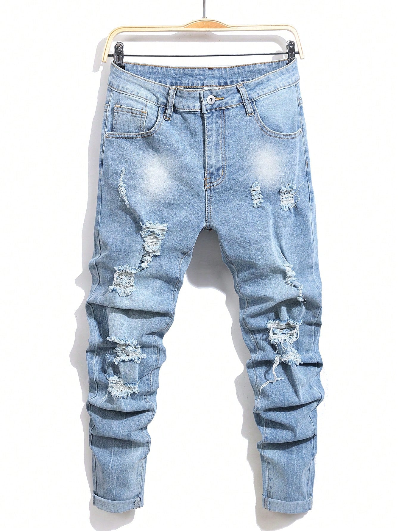 Manfinity LEGND Men'S Slim-Fit Denim Pants with Pockets and Distressed Design for Daily and Travel