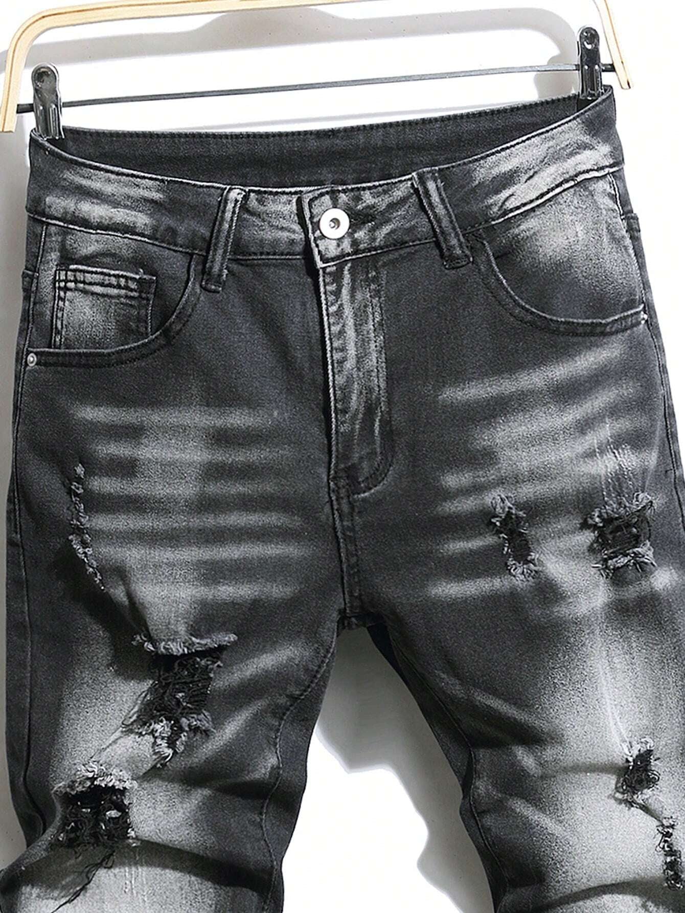 Manfinity LEGND Men'S Slim-Fit Denim Pants with Pockets and Distressed Design for Daily and Travel