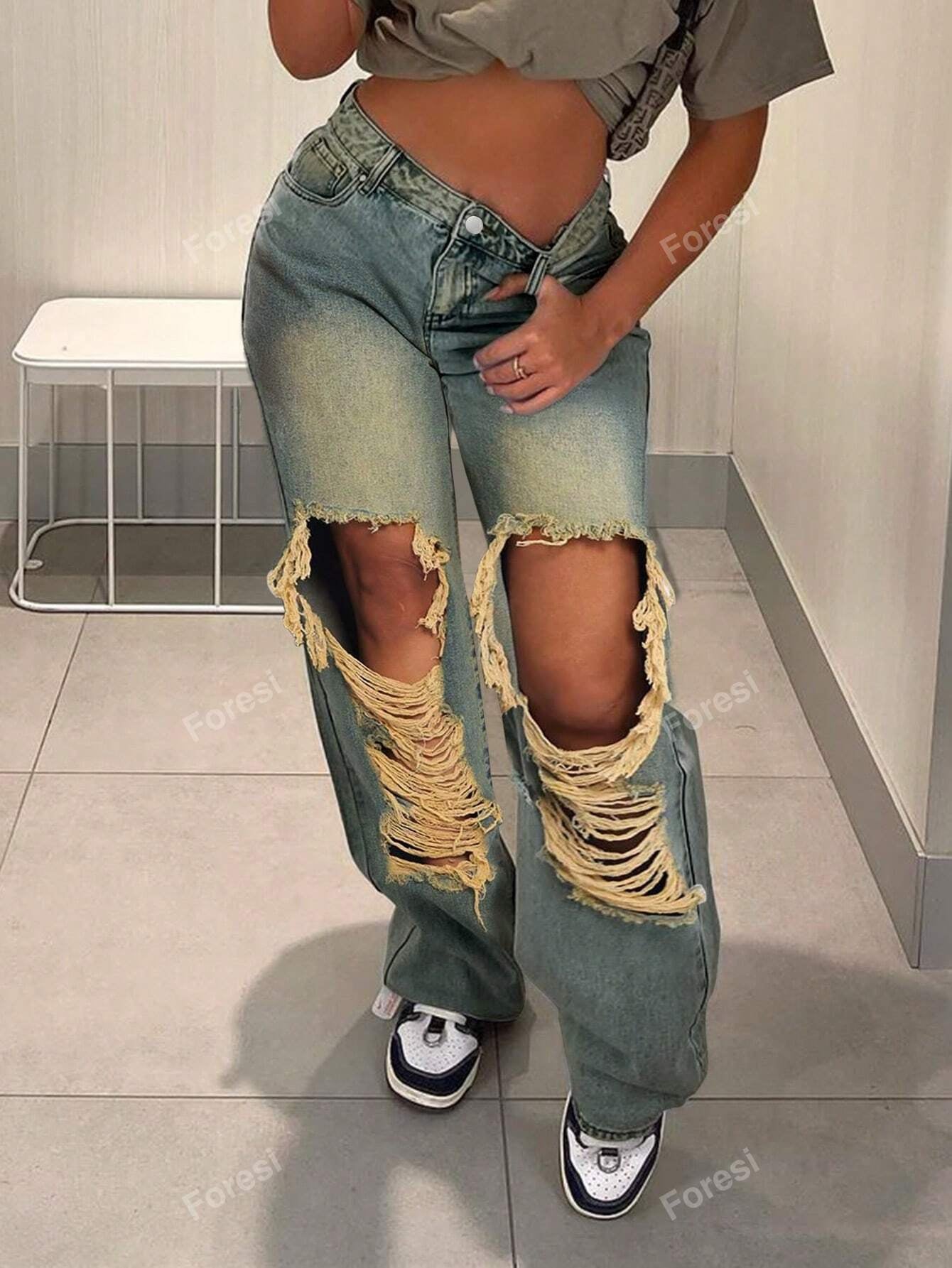 Cut Out Ripped Fringe Trim Straight Leg Jeans