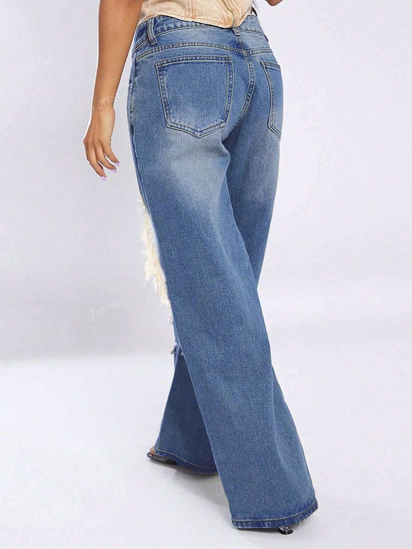 Cut Out Ripped Fringe Trim Straight Leg Jeans