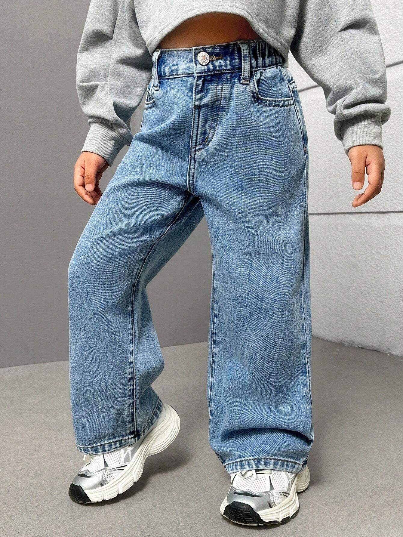 Streecool Kids Young Girls Fashionable Casual Washed Denim Straight-Leg Pants with Embroidered Back Pockets Wide Leg Jeans Kidsbaggy Jeans Young Girl Girls