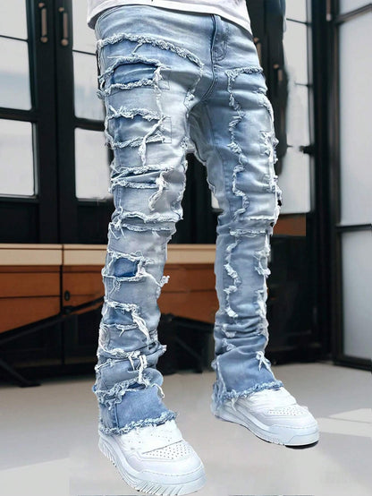 Men'S Fashion Streetwear Creative Layered Fringe Detail Jeans