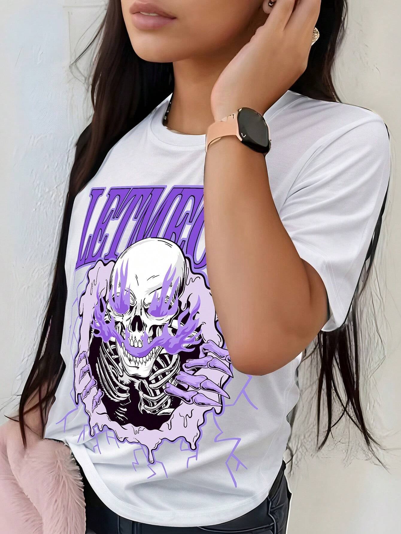 INAWLY Women'S Loose Casual Skull & English Letter Print round Neck Short Sleeve T-Shirt, Summer Graphic Tees Women Tops