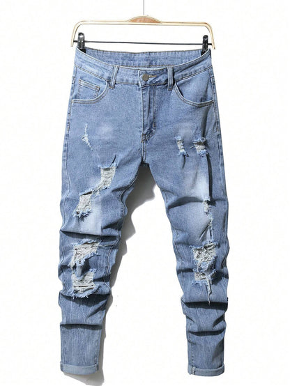 Manfinity LEGND Men'S Slim-Fit Denim Pants with Pockets and Distressed Design for Daily and Travel