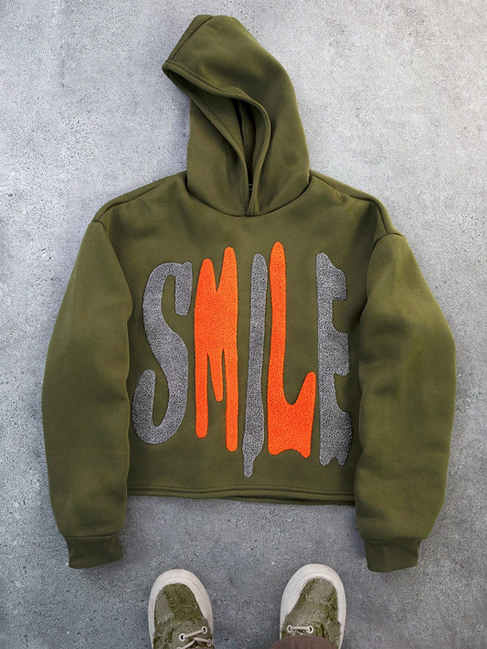 Manfinity EMRG Men'S Street INS SMILE Fun Font Oversized Colorful 3D Embroidered Short Hoodie. Fall and Winter Green Going Out Street Wear Embroidered Long Sleeve Hoodie, for Friends, Husband, Boyfriend Gifts