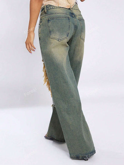 Cut Out Ripped Fringe Trim Straight Leg Jeans